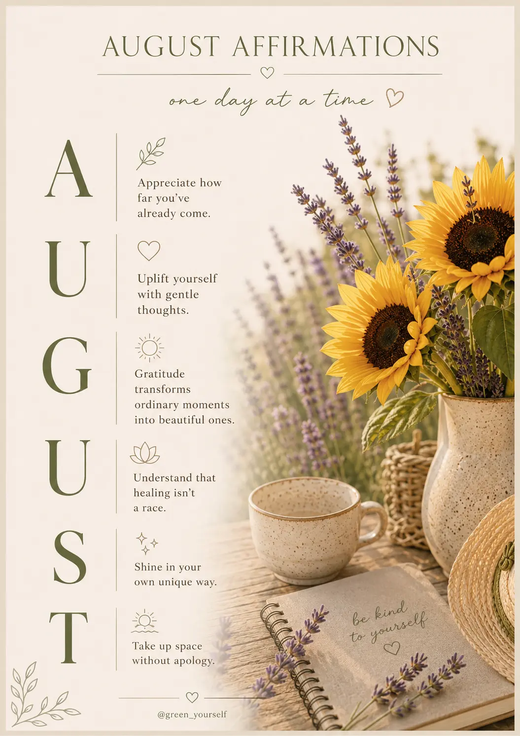 Printable A4 August Affirmations page with the six affirmations, botanical line icons and a sunflower and lavender still life
