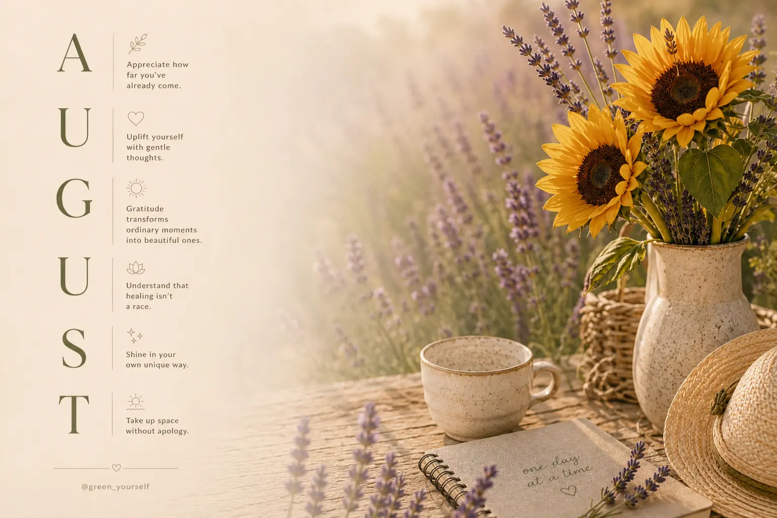 August Calm Collection desktop wallpaper: the six August affirmations beside sunflowers, lavender and a speckled mug