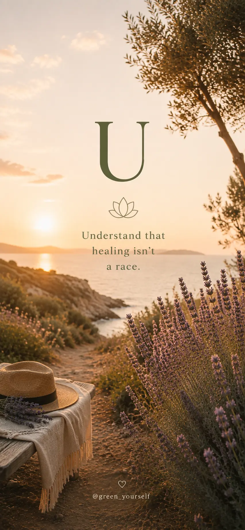 Phone wallpaper: Understand that healing isn't a race, with a straw hat on a coastal bench