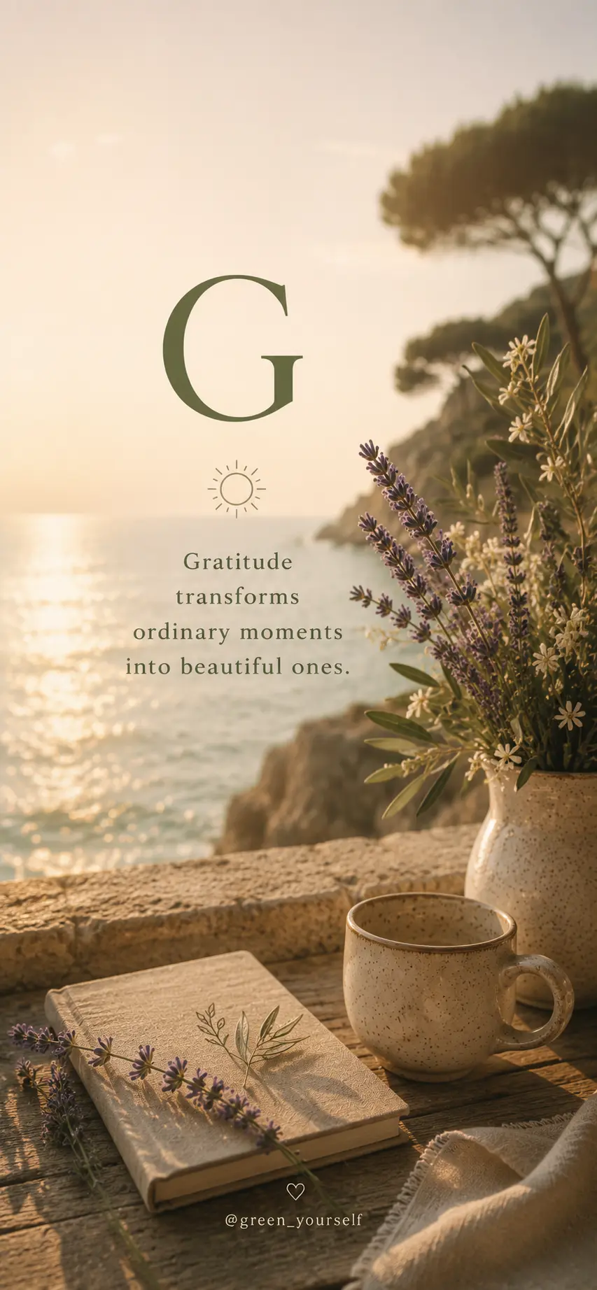 Phone wallpaper: Gratitude transforms ordinary moments into beautiful ones, with a journal and lavender