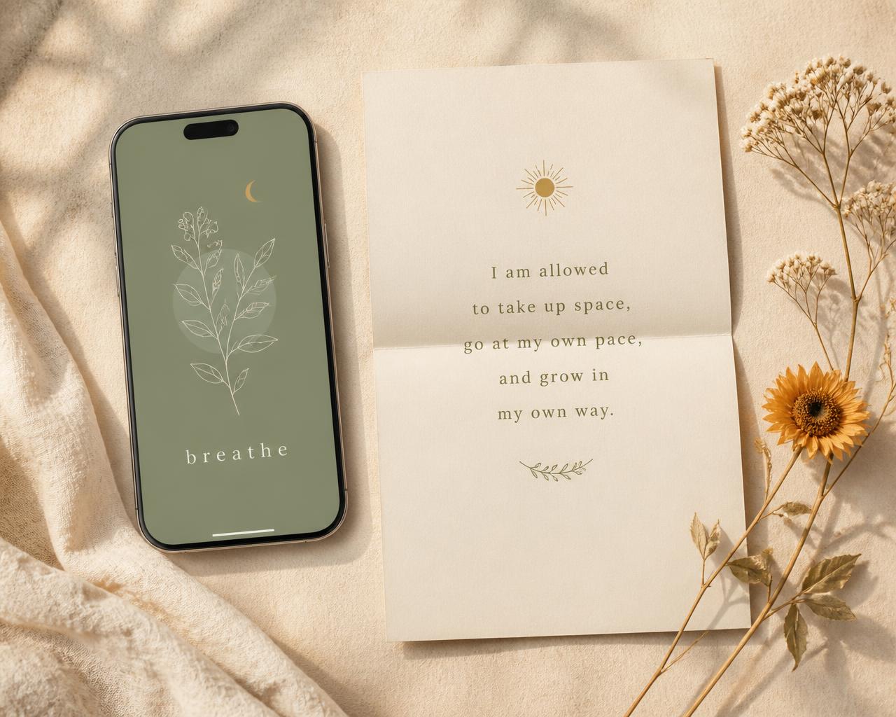 A flat lay of the August Calm Collection: a calming phone wallpaper, a folded affirmation card and dried flowers on warm beige
